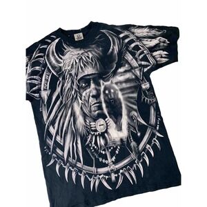 Wolf Eagle Dreamcatcher Liquid Blue VTG AOP Tee Native American Chief Biker M/L